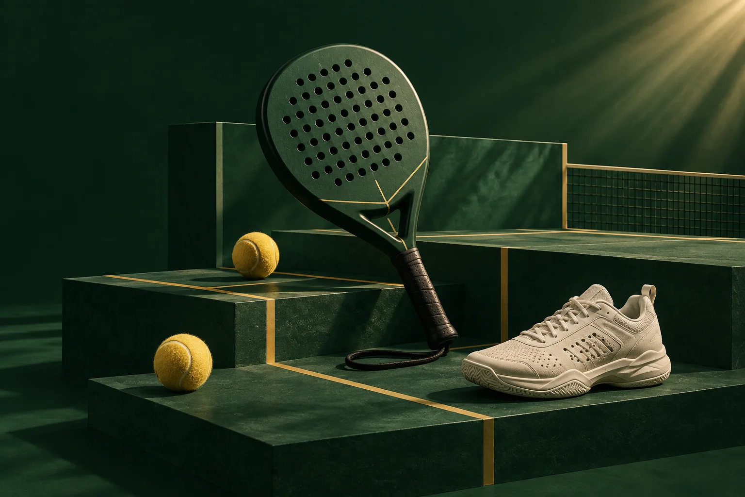 Illustrative Ausrüstungswelt mit Schläger, Schuh und Bällen auf grünen Court-Podesten